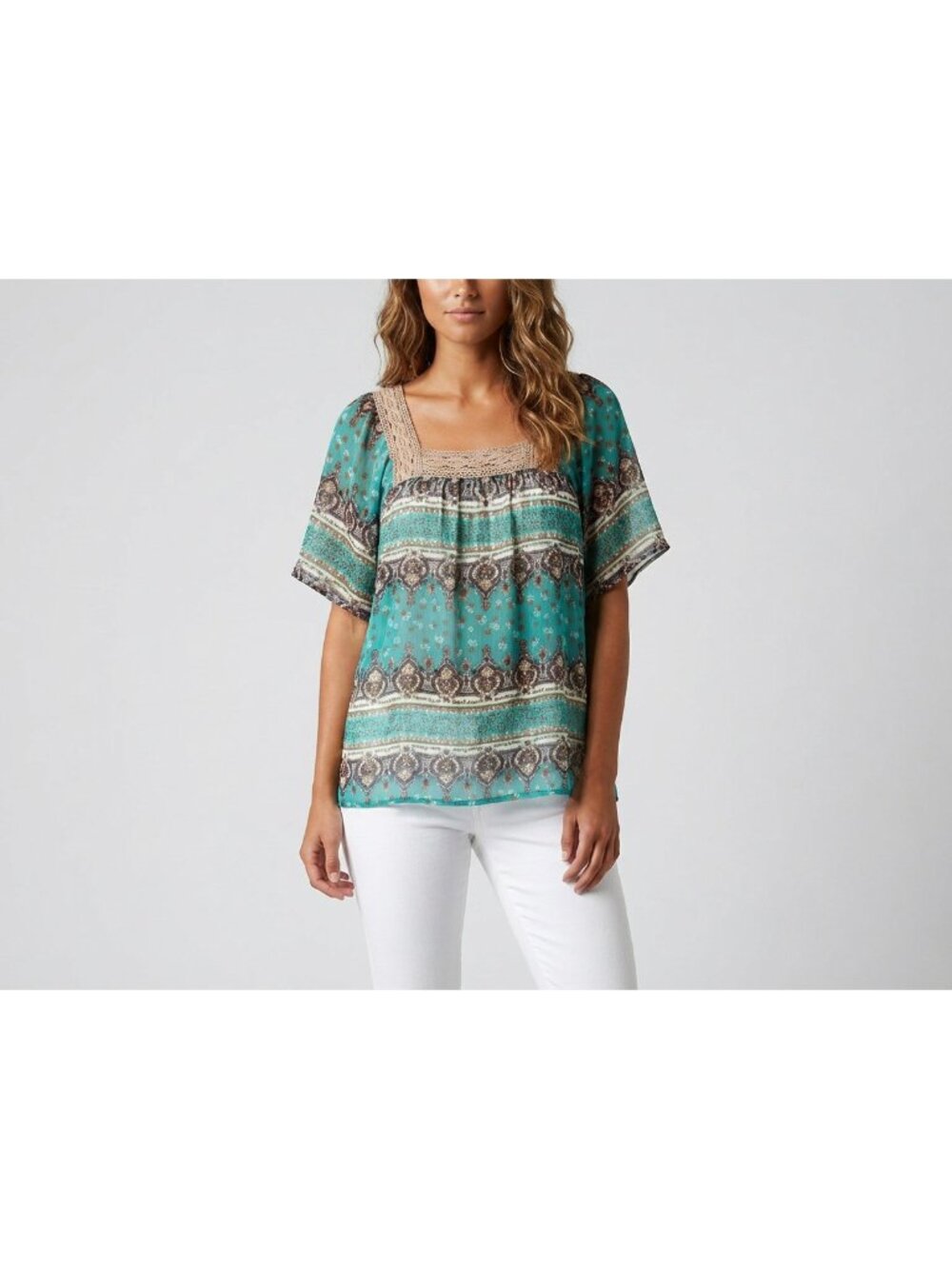VTG Dressbarn Boho Tunic Top Blouse Sz 14/16 Turquoise Crochet Neck Paisley Y2K